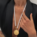 St Benedict Medal Long Necklace For Women, 80cm White Glass Bead Rosary Necklace, 18K Gold Plated Stainless Steel Religious Protection Jewelry
