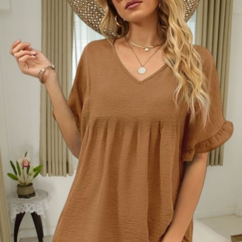 Solid-color Casual Short-sleeve Shirt For Women