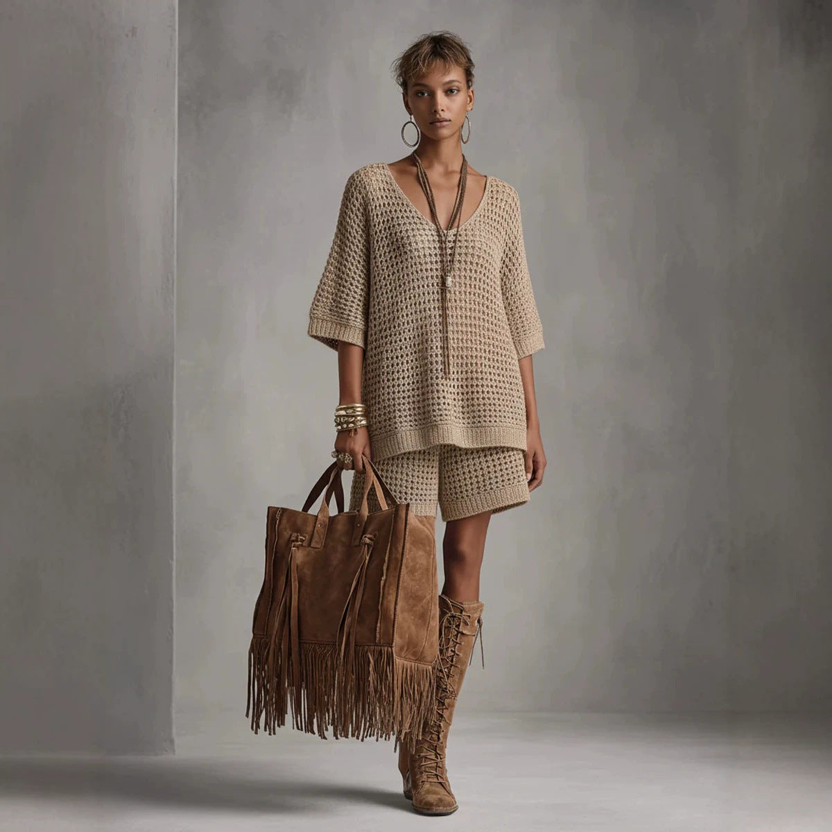 Wool Summer Loose-fit V-neck Short-sleeve Top And High-waisted Shorts Set
