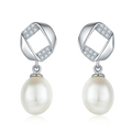 S925 Sterling Silver Natural Freshwater Pearl Dangle Earrings Geometric Pave Drop Pearl Platinum Plated 1.4g Gift Box