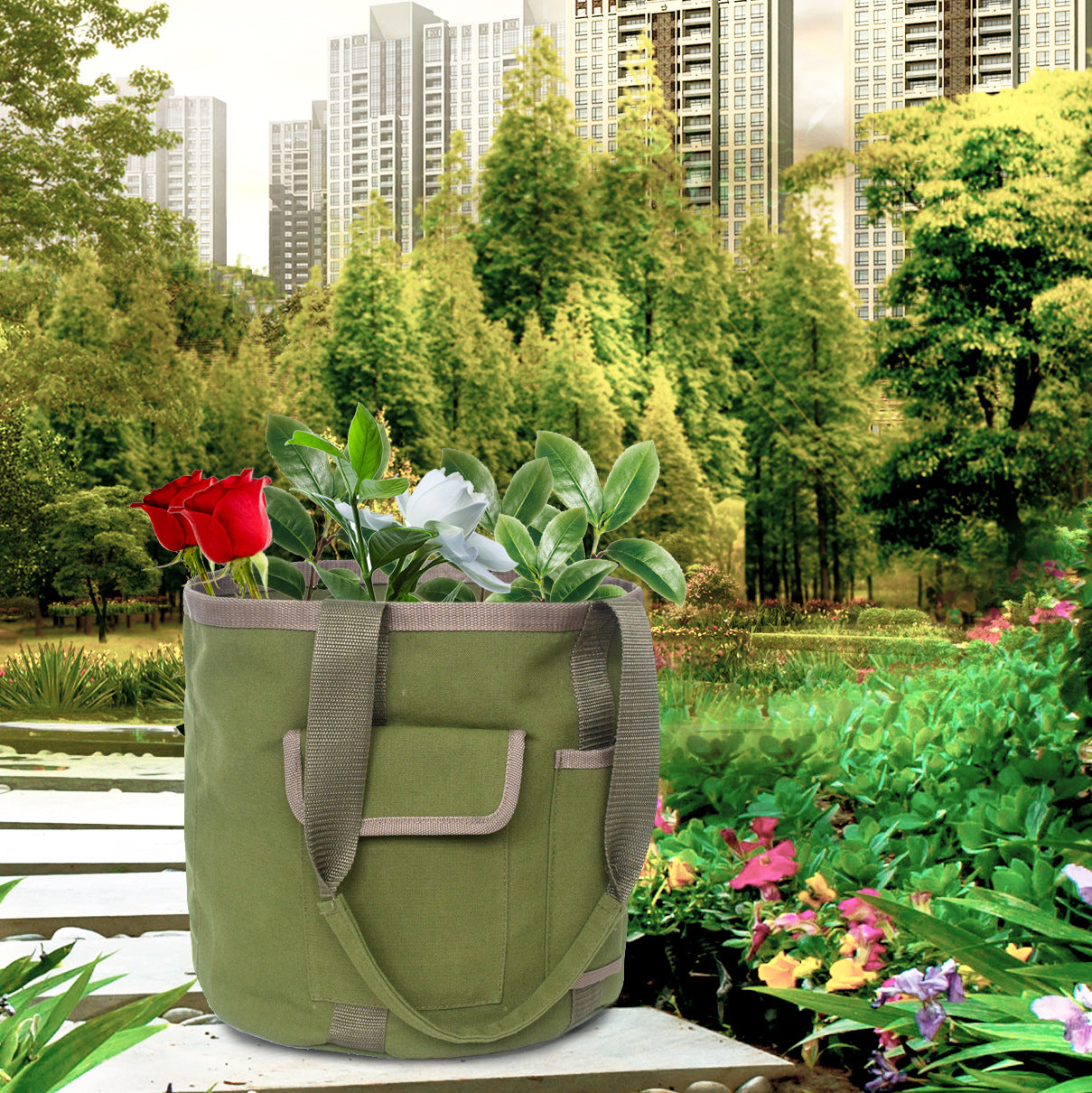 Army Green Canvas Portable Rainproof Garden Tool Bucket Tote Bag