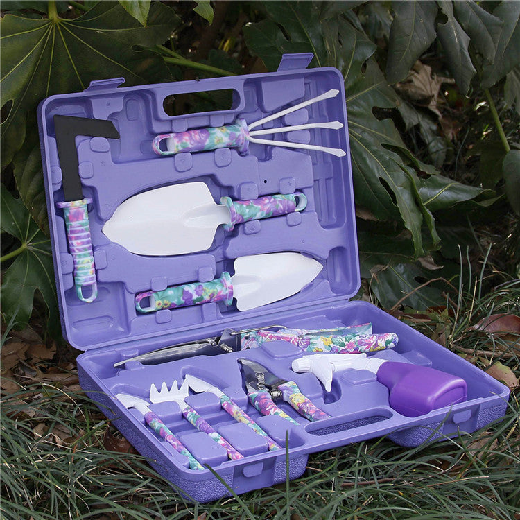 10Pcs/Set Garden Hand Tools Set Floral Print Handle Rake Weeder Pruner Shears Sprayer