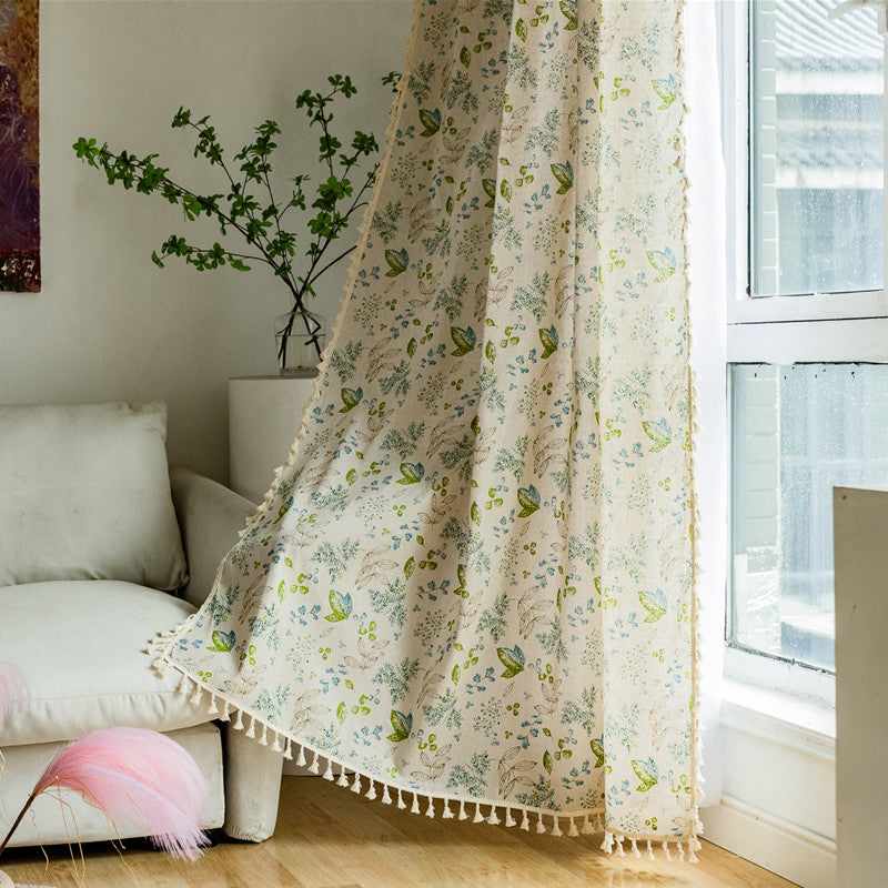 Leaf Flower Printed Window Curtain With Tassel
