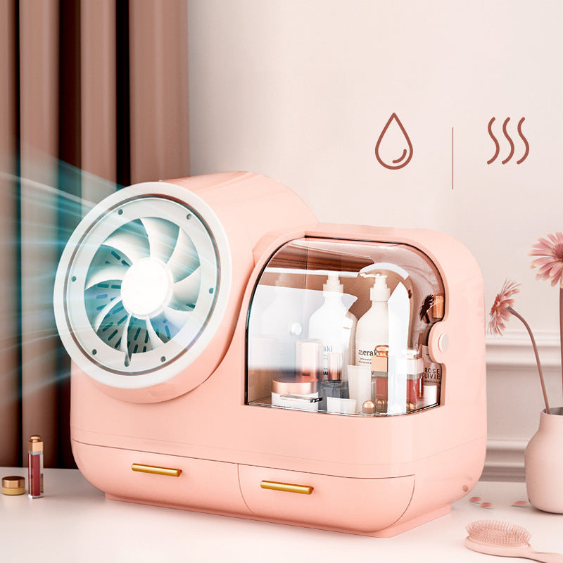 Makeup Storage Box Dustproof Desktop Cosmetics Box With LED Light Fan Mirror